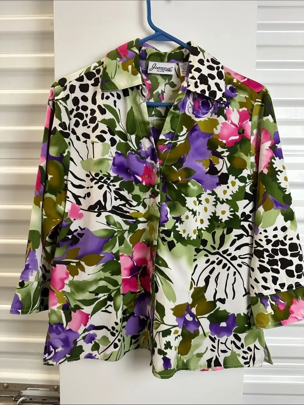 Joanna Floral Satin Button-Front Blouse in Purple, Pink & Green